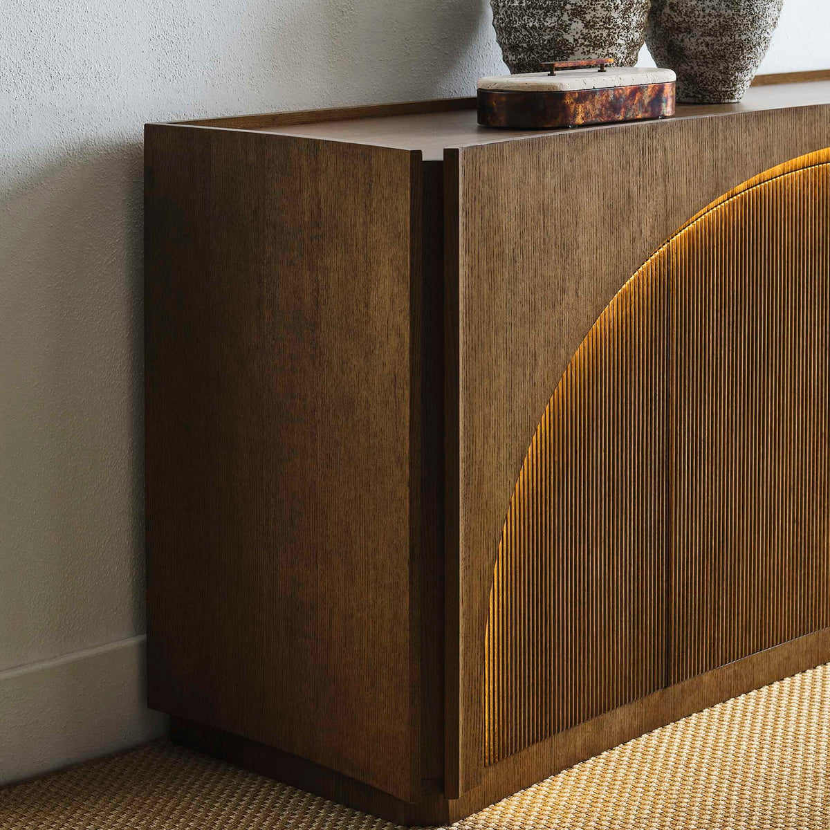 High Light - Lighted 4 Door Console Cabinet - Woodtone