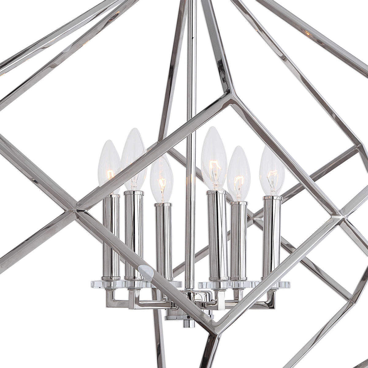 Uttermost Euclid 6-light nickel cube pendant light with geometric design hanging from ceiling.