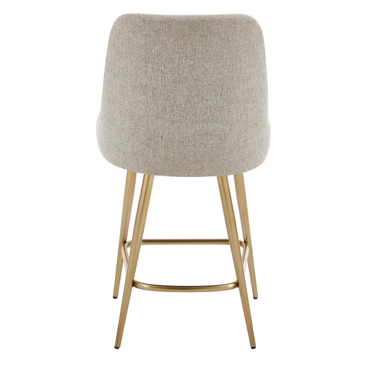 Gray upholstered counter stool with gold accents, featuring a modern design and wooden legs, perfect for kitchen or bar area.
