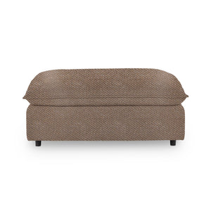 Classic Home Caplan upholstered ottoman with plush fabric and wooden legs, ideal as a stylish living room accent piece.