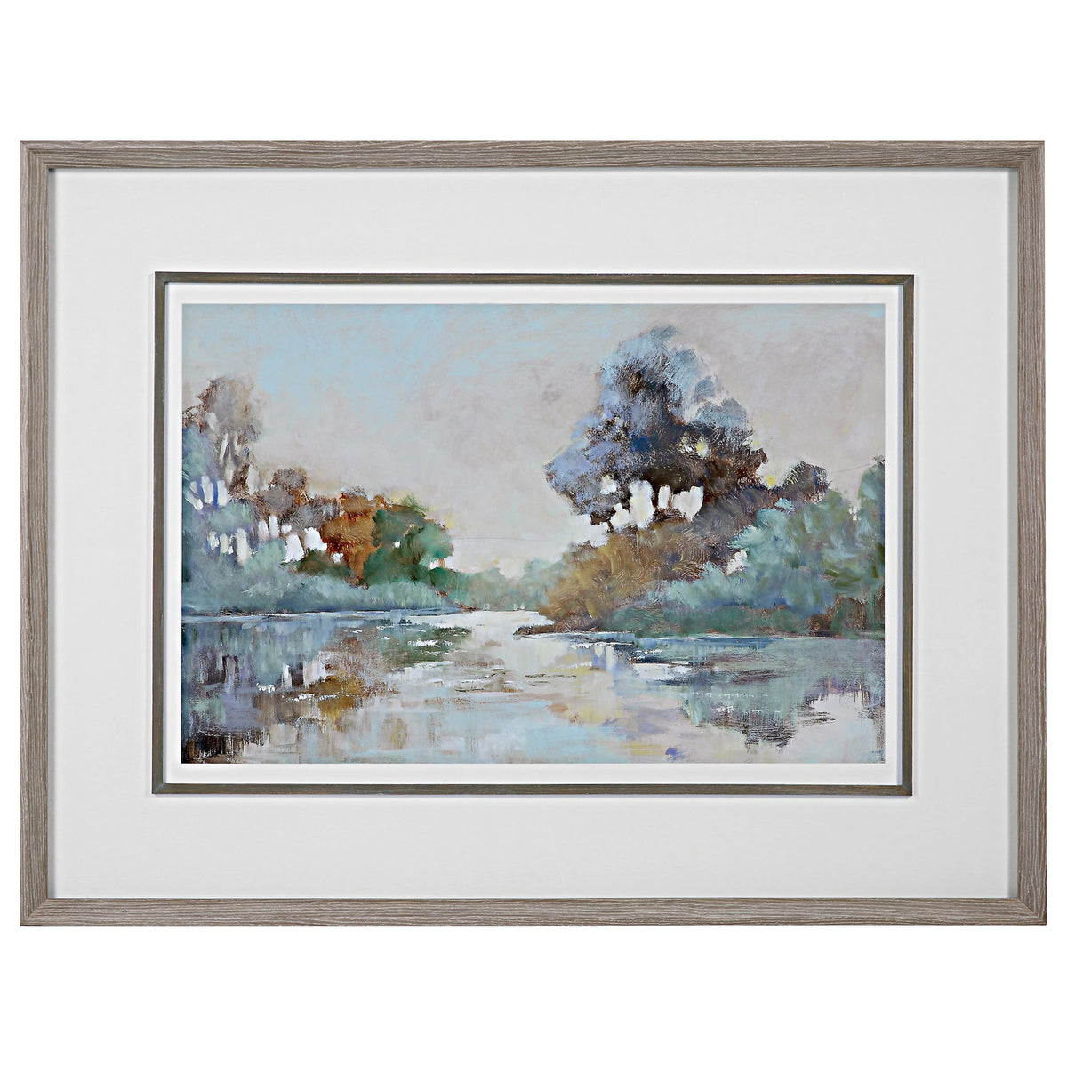 Watercolor framed print titled Morning Lake by Uttermost featuring a serene blue lake scene with a wooden frame.