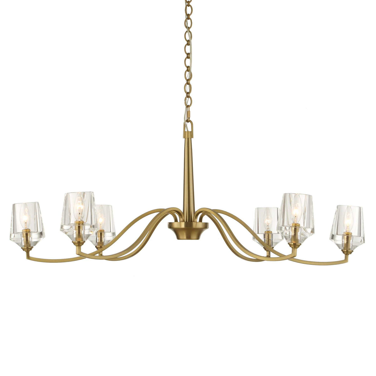 Uttermost Barcelona 6-light brass chandelier with gold finish, featuring elegant curved arms and classic design, hanging from ceiling.