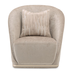 Michael Amini La Rachelle swivel chair with plush upholstery and a stylish wooden base, designed for comfortable seating.