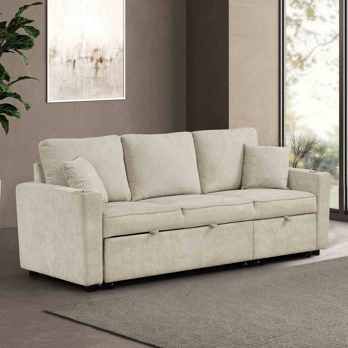 Kendal - Sleeper Sofa Sectional w/ Cupholder, Beige