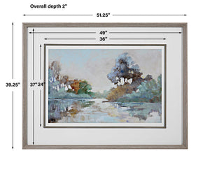 Framed watercolor print titled "Morning Lake" by Uttermost, featuring a serene blue lakeside scene in a sleek frame.