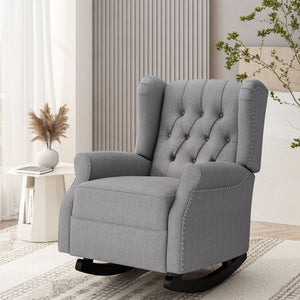 Noble House Sheila gray fabric tufted wingback rocking chair with curved armrests and wooden base, stylish and comfortable.