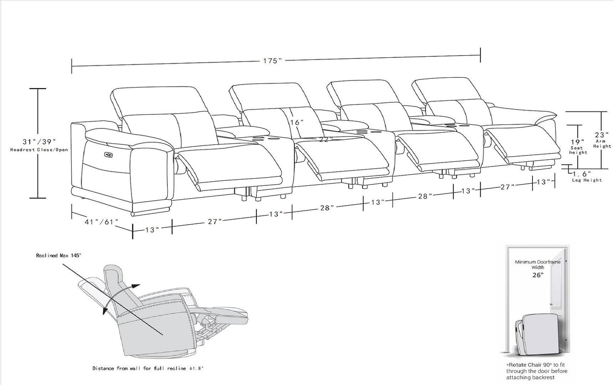9762 - 7-Piece Italian Top Grain Leather Power Reclining Sofa With 4 Power Recliners - Beige