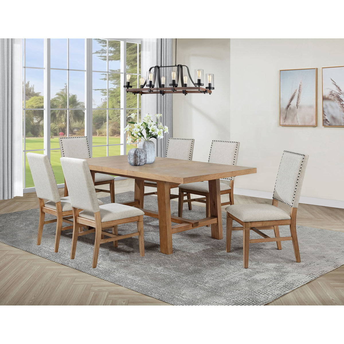 Carlos - 7 Piece Leaf Dining Set Table And Upholstered Chairs - Brown / Beige
