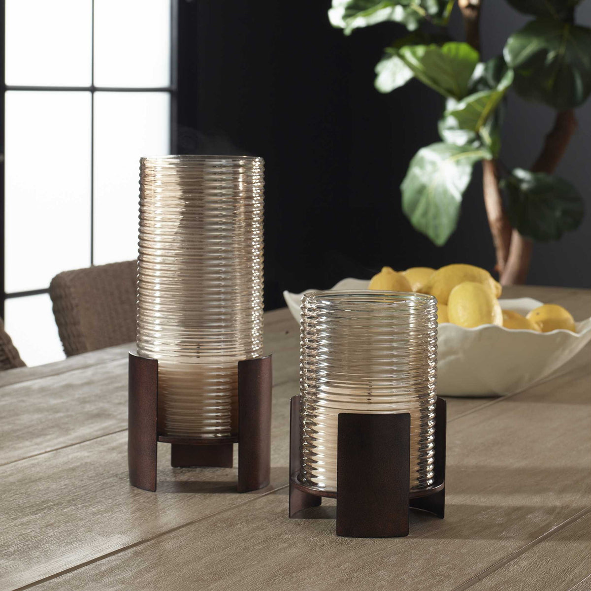 Fluted Fire - Cylinder Candleholders (Set of 2) - Bronze
