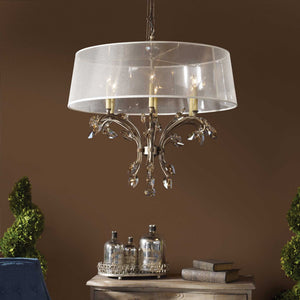 Uttermost Alenya 6-light gold chandelier with curved shades, hanging from a decorative ceiling mount, elegant and modern lighting fixture.