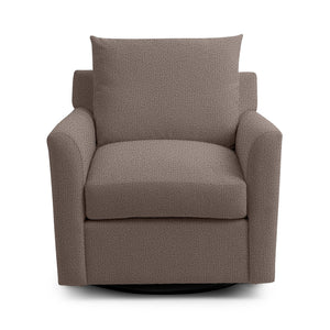 Classic Home Olivia swivel chair with a plush fabric seat and curved backrest, set on a rotating base for comfort and style.