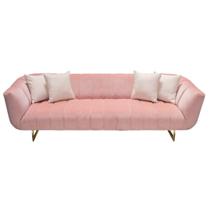 Venus Sofa in Blush Pink Velvet w/ Contrasting Pillows & Gold Finished Metal Base by Diamond Sofa
