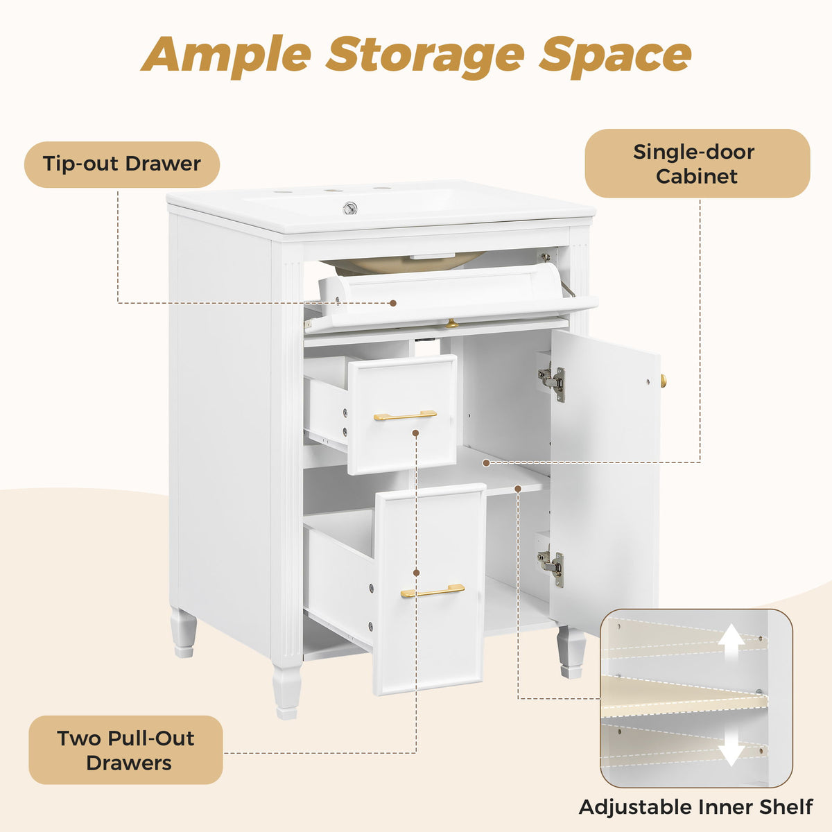 Freestanding Bathroom Vanity With Sink, Soft Close Door, Tip Out Drawer