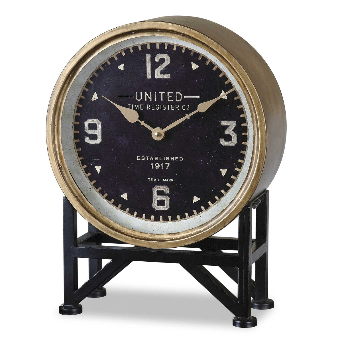 Uttermost Shyam black tabletop clock with modern design and sleek finish, ideal for home or office decor.
