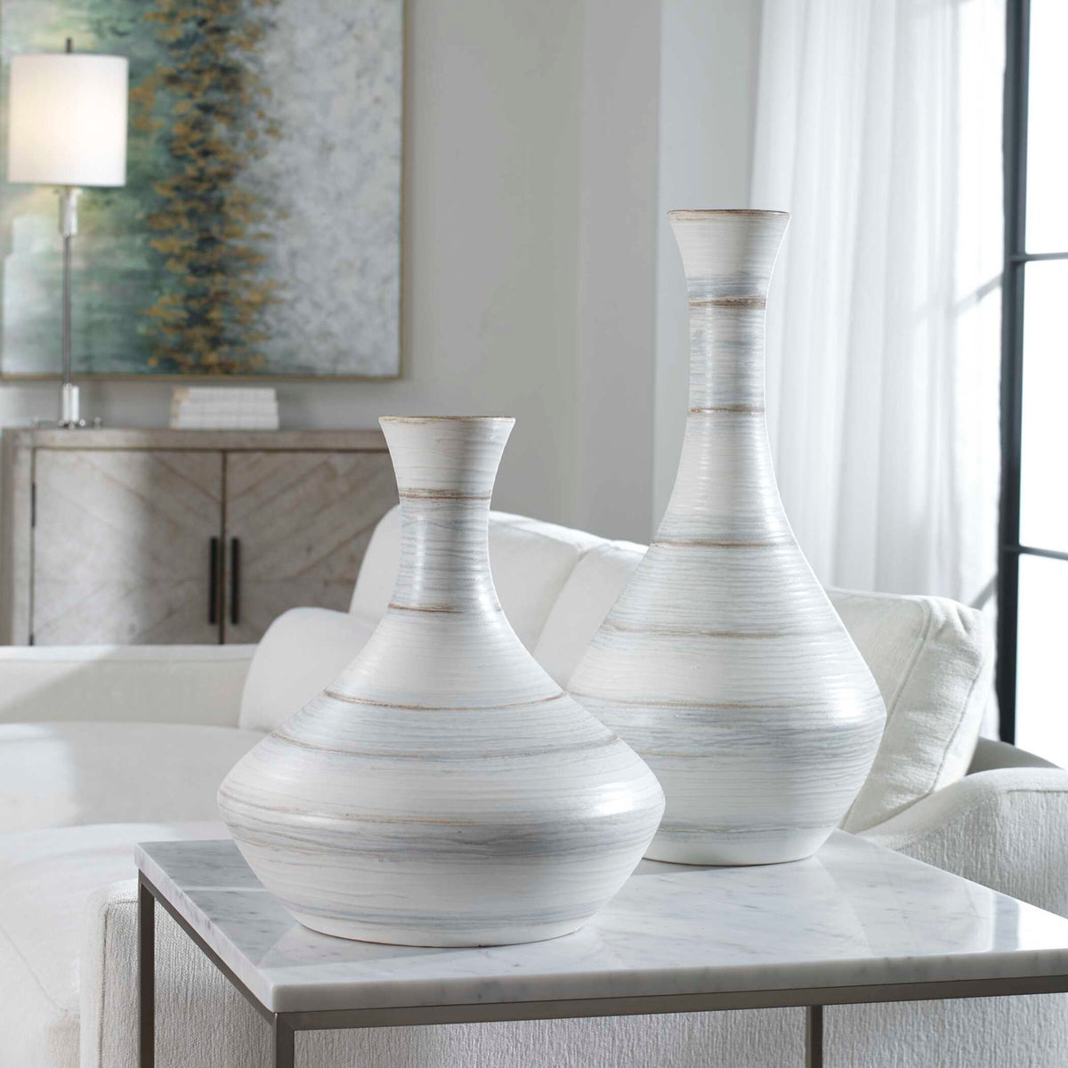 Potter - Fluted Striped Vases (Set of 2) - Light Blue