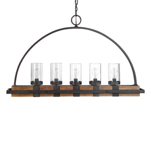 Uttermost Atwood 5-light rustic linear chandelier with light brown pendant lights and metal frame, ideal for modern rustic interiors.
