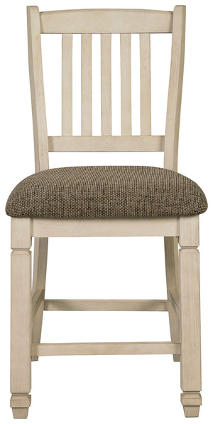 Set of two beige upholstered barstools by Signature Design by Ashley, featuring padded seats and wooden legs for comfortable seating.