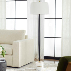Uttermost Miraz black floor lamp with sleek modern design, featuring a slim stand and a cylindrical lampshade.