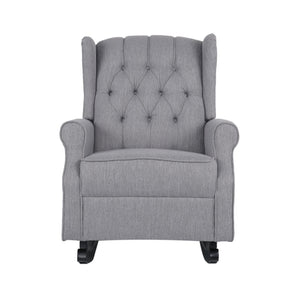 Gray Sheila fabric tufted wingback rocking chair by Noble House, featuring a plush cushioned seat and curved wooden base.