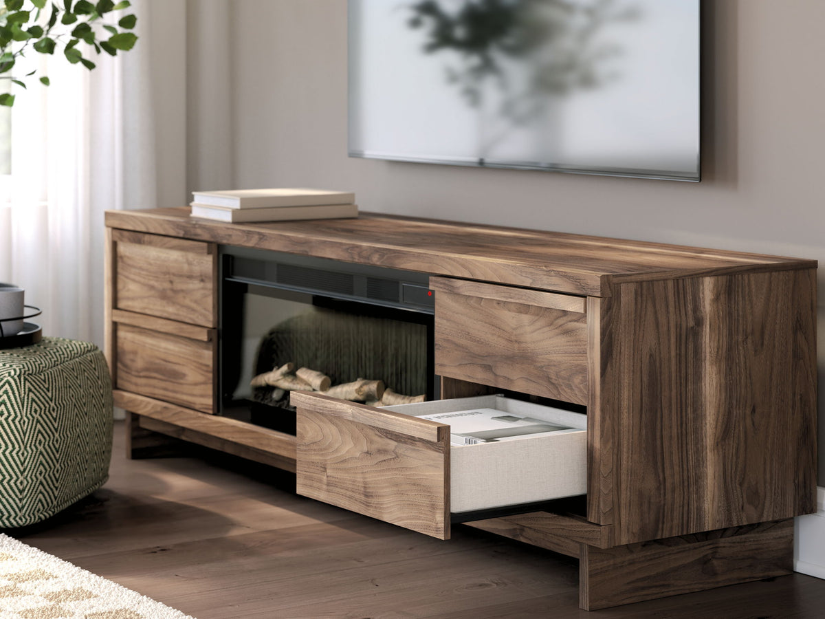 Signature Design by Ashley Zadilyn TV stand with built-in fireplace, featuring wood finish and storage cabinets for living room decor.