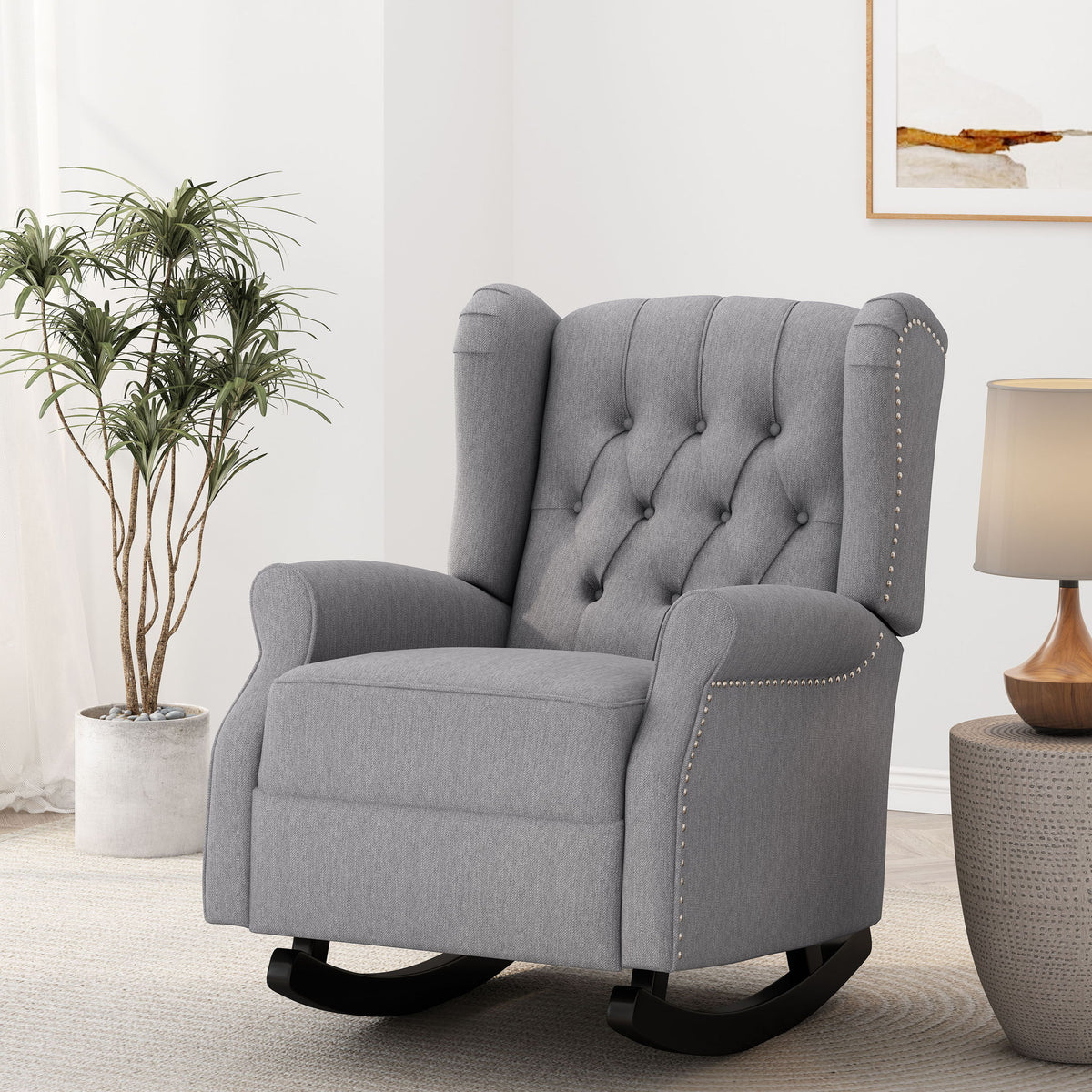 Gray Sheila contemporary fabric tufted wingback rocking chair by Noble House, showing its plush upholstery and stylish design.