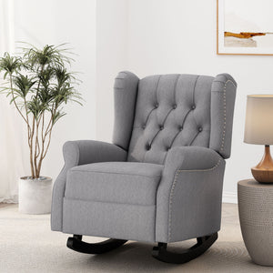 Gray Sheila contemporary fabric tufted wingback rocking chair by Noble House, showing its plush upholstery and stylish design.