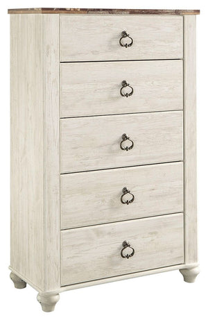 Willowton - Five Drawer Chest - Brown / Beige / White - R&R Furniture Gallery (Fountain Valley, CA)