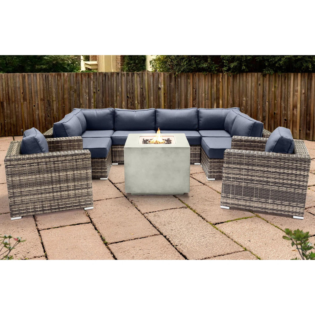Premium 6 Person Wicker Patio Seating Group With Deep Cushions And Concrete Fire Pit - Gray Mix