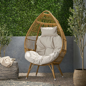 Basket Chair With Teardrop Shape And Water Resistant Cushion - Natural