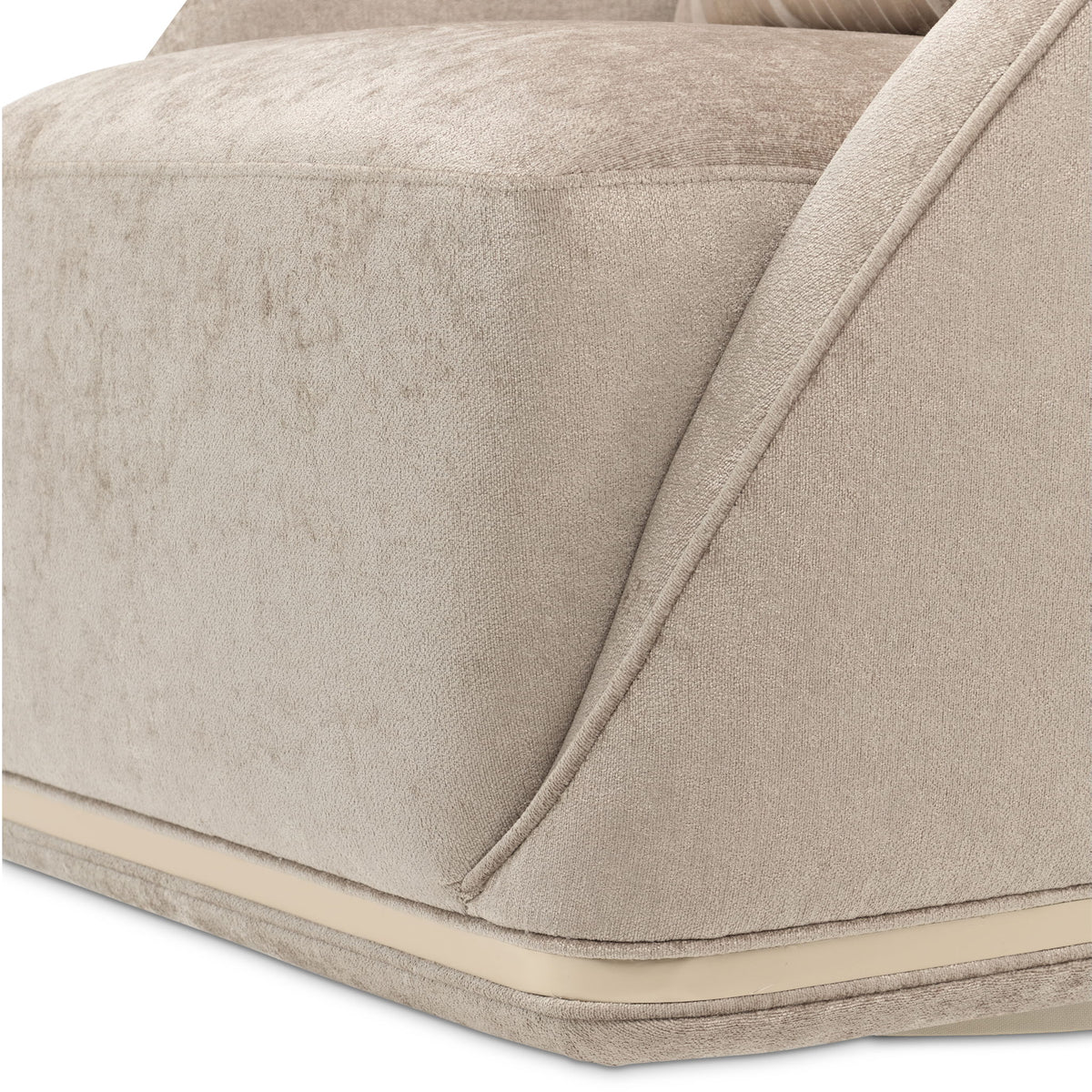Michael Amini La Rachelle swivel chair with a plush upholstered seat and wooden legs, modern design for stylish comfort.