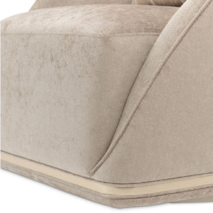 Michael Amini La Rachelle swivel chair with a plush upholstered seat and wooden legs, modern design for stylish comfort.
