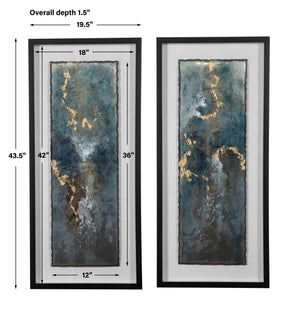 Set of two framed blue agate abstract prints by Uttermost showcasing shimmering gemstone patterns for modern wall decor.