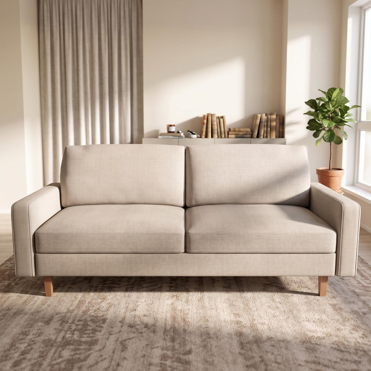 Beige 3-seat US Pride stationary sofa with removable cushions, showcasing a comfortable fabric upholstered couch.