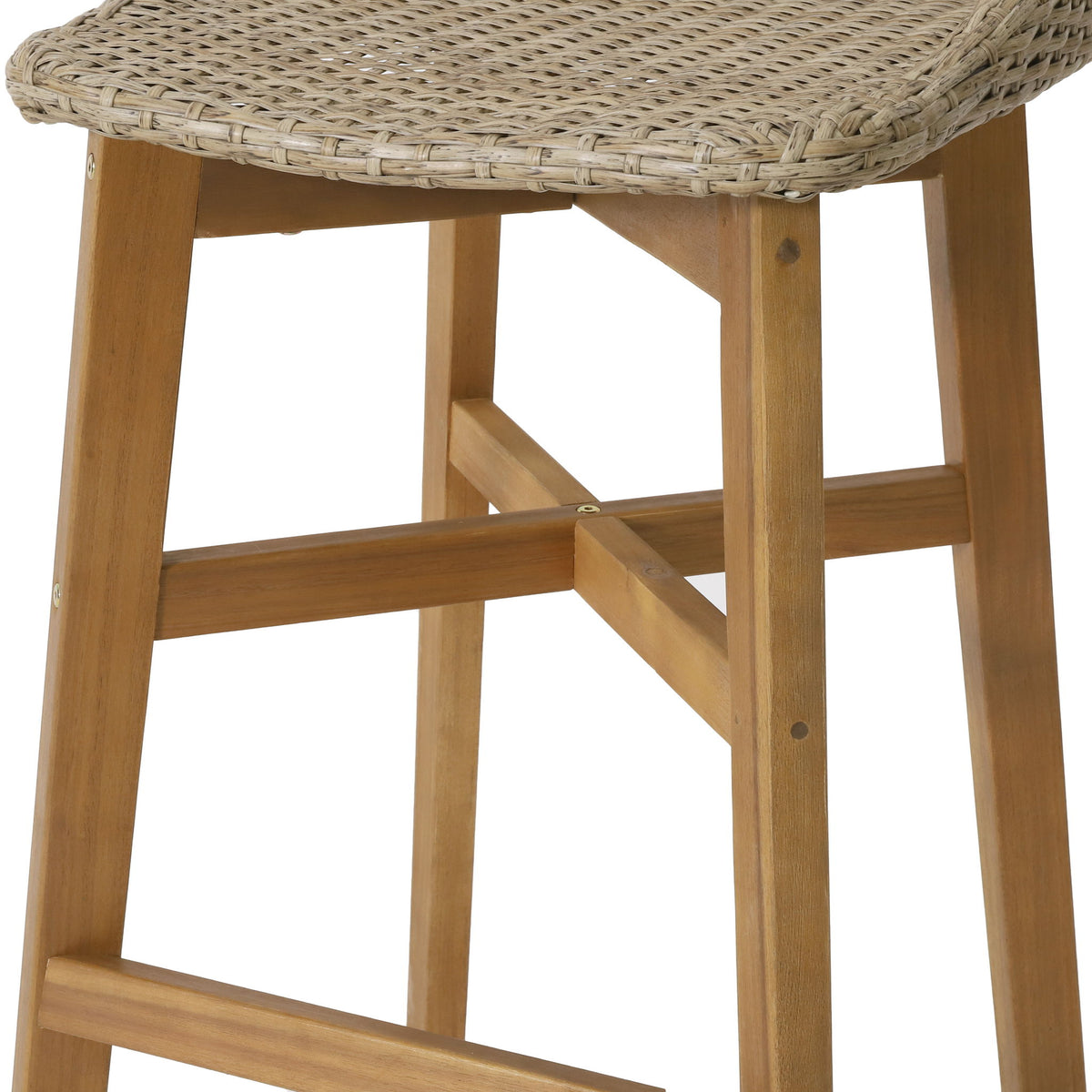 Beeson - Outdoor Wicker And Acacia Wood Barstools Set, Water Resistant - Brown