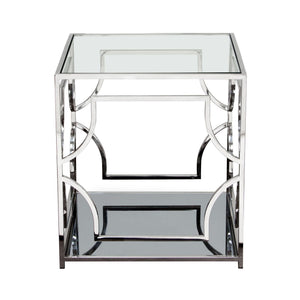 Avalon End Table with Clear Glass Top, Mirrored Shelf & Stainless Steel Frame by Diamond Sofa