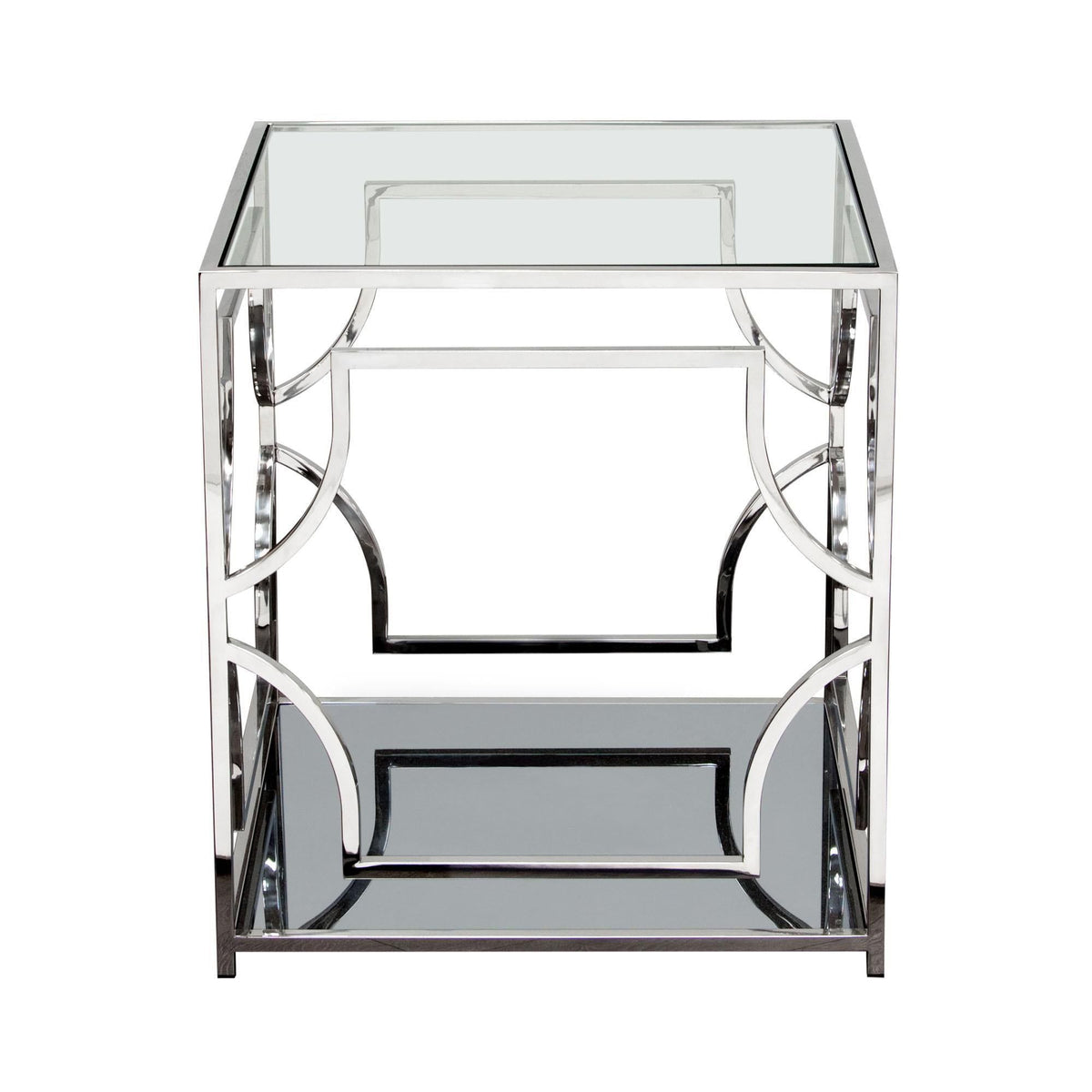 Avalon End Table with Clear Glass Top, Mirrored Shelf & Stainless Steel Frame by Diamond Sofa