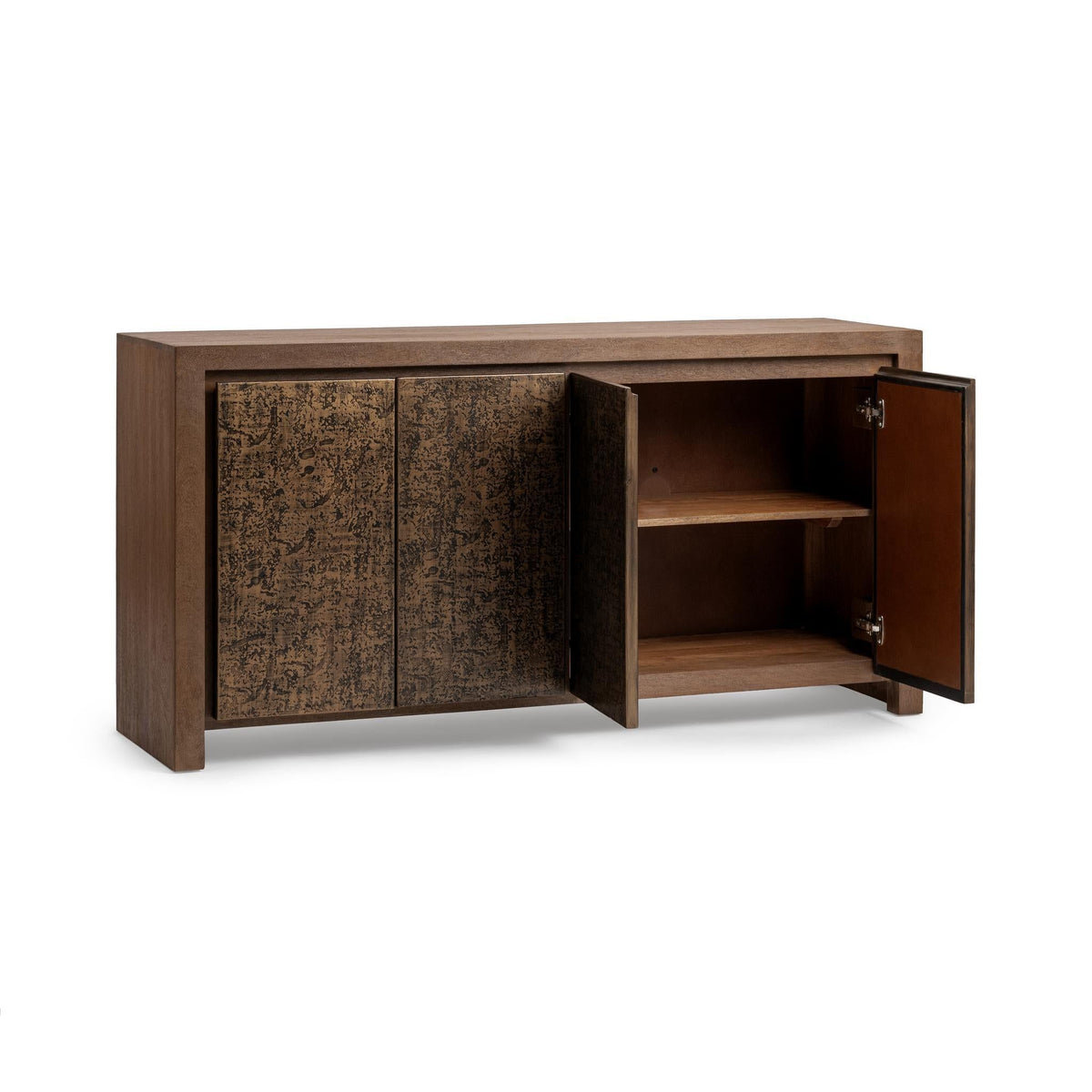 Classic Home Glendale 4-door buffet in toasted chestnut finish, showcasing spacious storage with sleek wood design and modern handles.