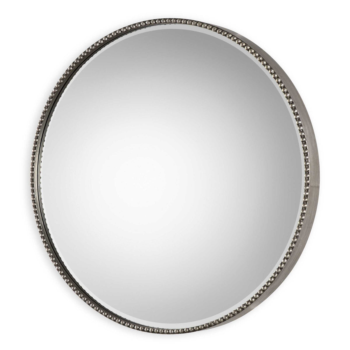 Uttermost Stefania beaded round wall mirror with pearl silver frame, decorative and elegant home decor accessory.