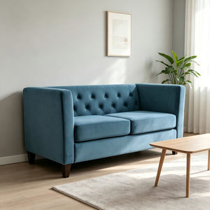 Navy blue button tufted 3-seater upholstered sofa by US Pride, stationary living room couch with plush cushions and elegant design.