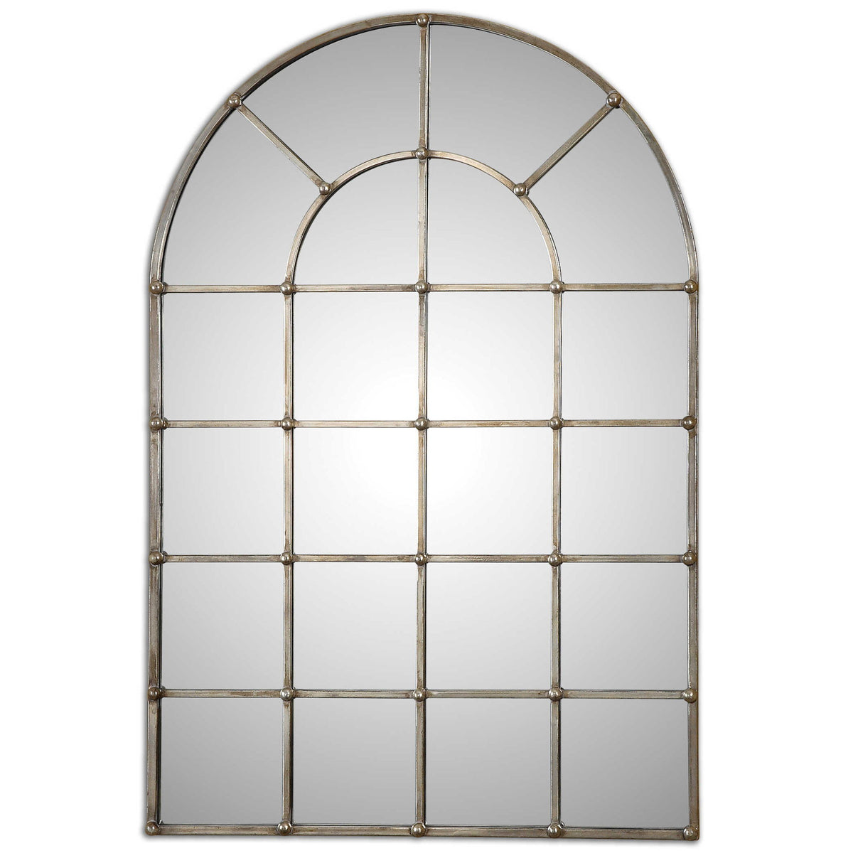 Uttermost Barwell Arch Pearl Silver wall mirror with a sleek, arched design and reflective surface for elegant wall decor.