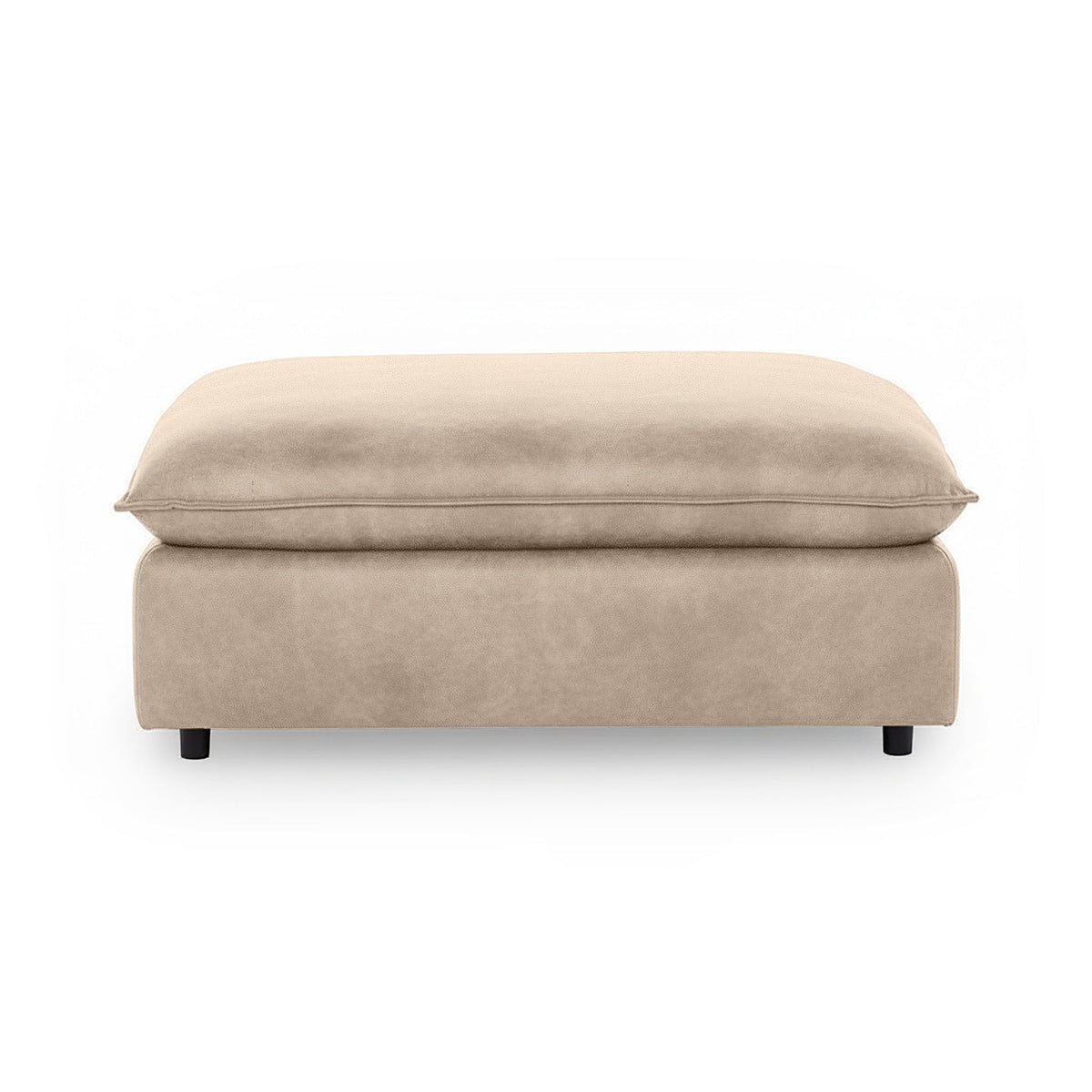 Classic Home Caplan upholstered ottoman with plush fabric and sturdy wooden legs, perfect for living room decor.