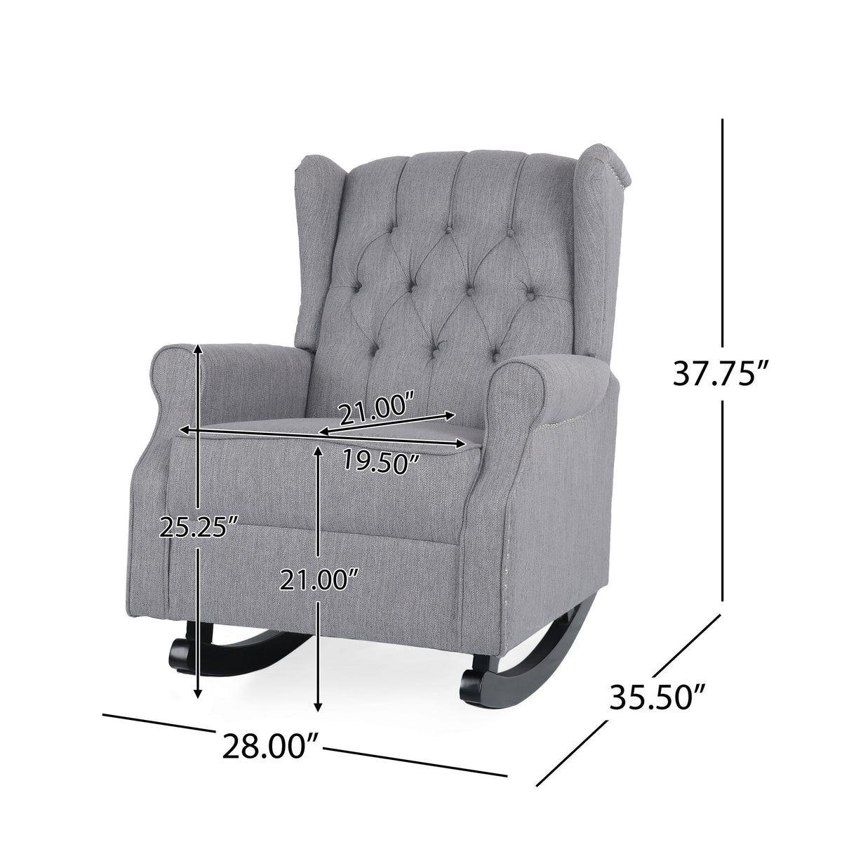 Gray Sheila fabric tufted wingback rocking chair by Noble House with plush upholstery and a sturdy wooden base.