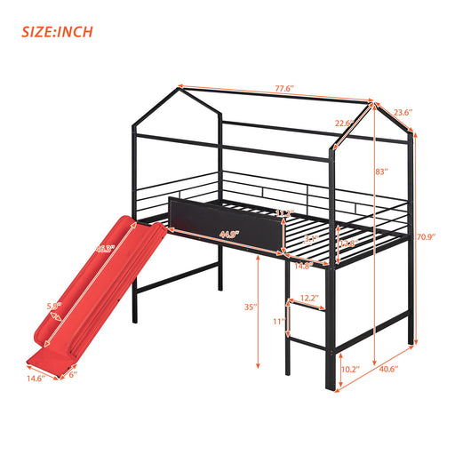 Black DreamHaus twin metal loft bed with slide, two-sided writable wooden boards, and sturdy metal frame.