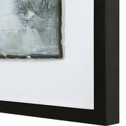 Framed Lakeside Grande abstract print in pearl silver by Uttermost, featuring a modern design with a sleek silver frame.