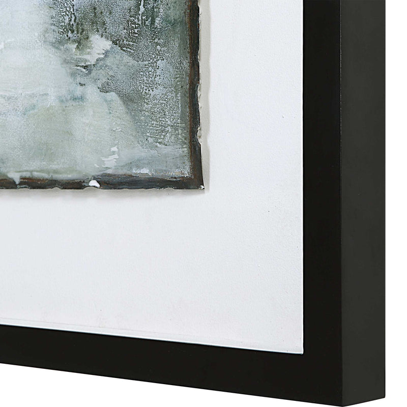 Framed Lakeside Grande abstract print in pearl silver by Uttermost, featuring a modern design with a sleek silver frame.