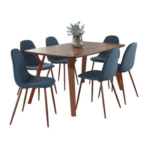 Lumi Source Folia Pebble 7-piece mid-century modern dining set with a wooden table and six matching chairs in a stylish dining room scene.