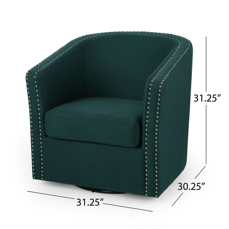 Noble House modern upholstered swivel club chair with nailhead trim, featuring a plush seat and stylish design.