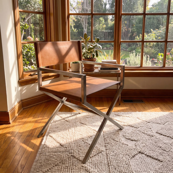 One Modern Coastal Director's Dining Arm Chair in Cognac and Brushed Stainless Steel