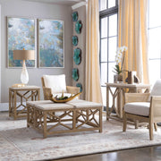 Uttermost Catali Stone End Table with white and light brown finish, featuring a sleek, modern design and smooth stone surface.