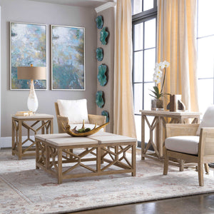 Uttermost Catali Stone End Table with white and light brown finish, featuring a sleek, modern design and smooth stone surface.